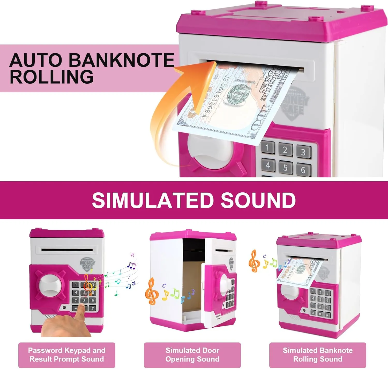 Bank for Kids, ATM Money Safe with Password Auto Cash Scroll, Kids Savings Banks Coin Bank Kid Safe Box, Idea Birthday for Old postmaster lengthen Boys Girls 3-12 Years Old (Pink) Pup Go Electronic Piggy 