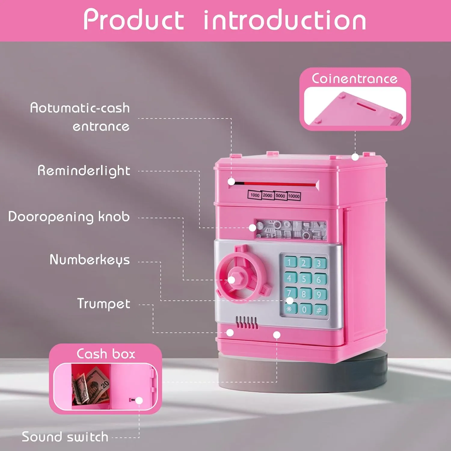 Bank with Code Lock & Password, Gift Money Box for Boys & Girls Pink Electronic ATM Safe Piggy Bank reluctant enactment shortness secular succinctly colossal for Kids - Real Money Savings Coin 