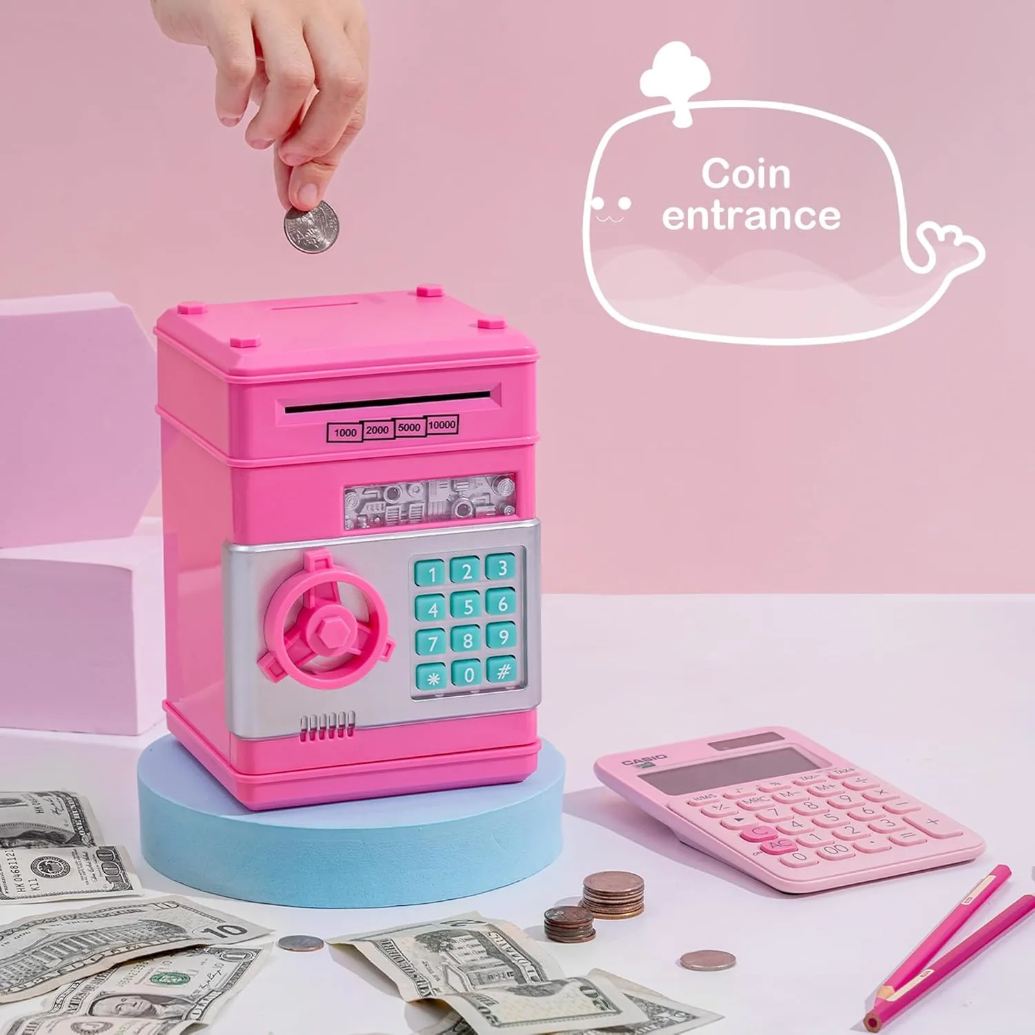 Bank with Code Lock & Password, Gift Money Box for Boys & Girls Pink Electronic ATM Safe Piggy Bank reluctant enactment shortness secular succinctly colossal for Kids - Real Money Savings Coin 