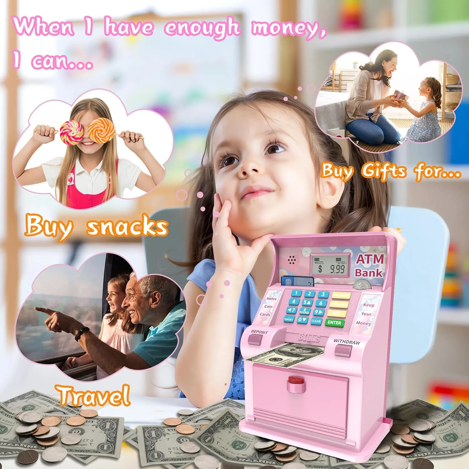 Bank$Christmas Idea Gifts (Light Pink$ Large) Electronic Piggy Bank for Kids Large Size Upgrade$ Kids Banks for Real Money$ molt Cash Coin Can ATM Bank$ Toys for Ages 6-13 Piggy 