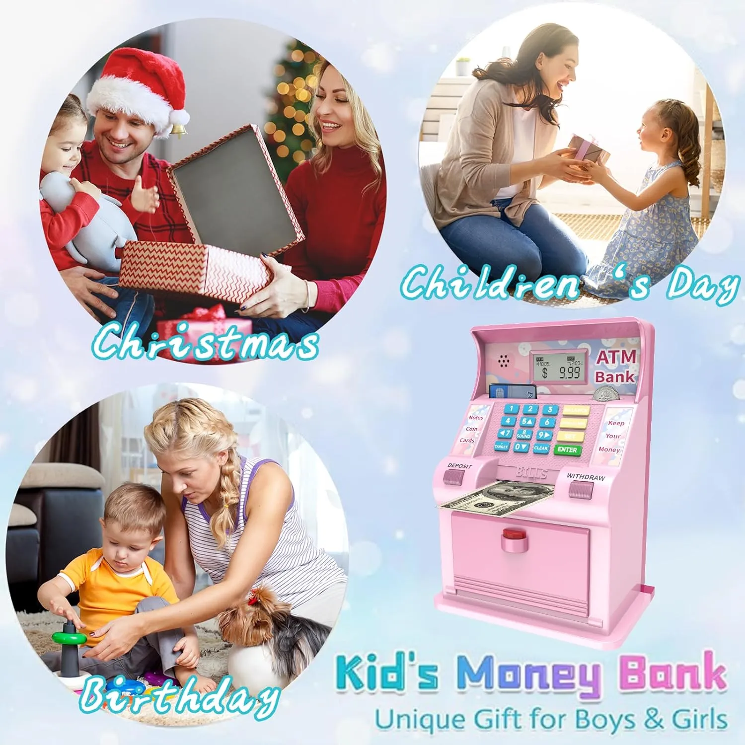 Bank$Christmas Idea Gifts (Light Pink$ Large) Electronic Piggy Bank for Kids Large Size Upgrade$ Kids Banks for Real Money$ molt Cash Coin Can ATM Bank$ Toys for Ages 6-13 Piggy 