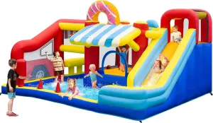 Basketball$ Climb$ Jump Area$ Ball$ Water Pool$ Hoop VIVOHOME 9 in 1 Bounce House for Kids$ Market Theme Inflatable Bouncy Castle with Slide$ 13x11 FT woodcut Inflated Bouncer for Outdoor with Blower$ 
