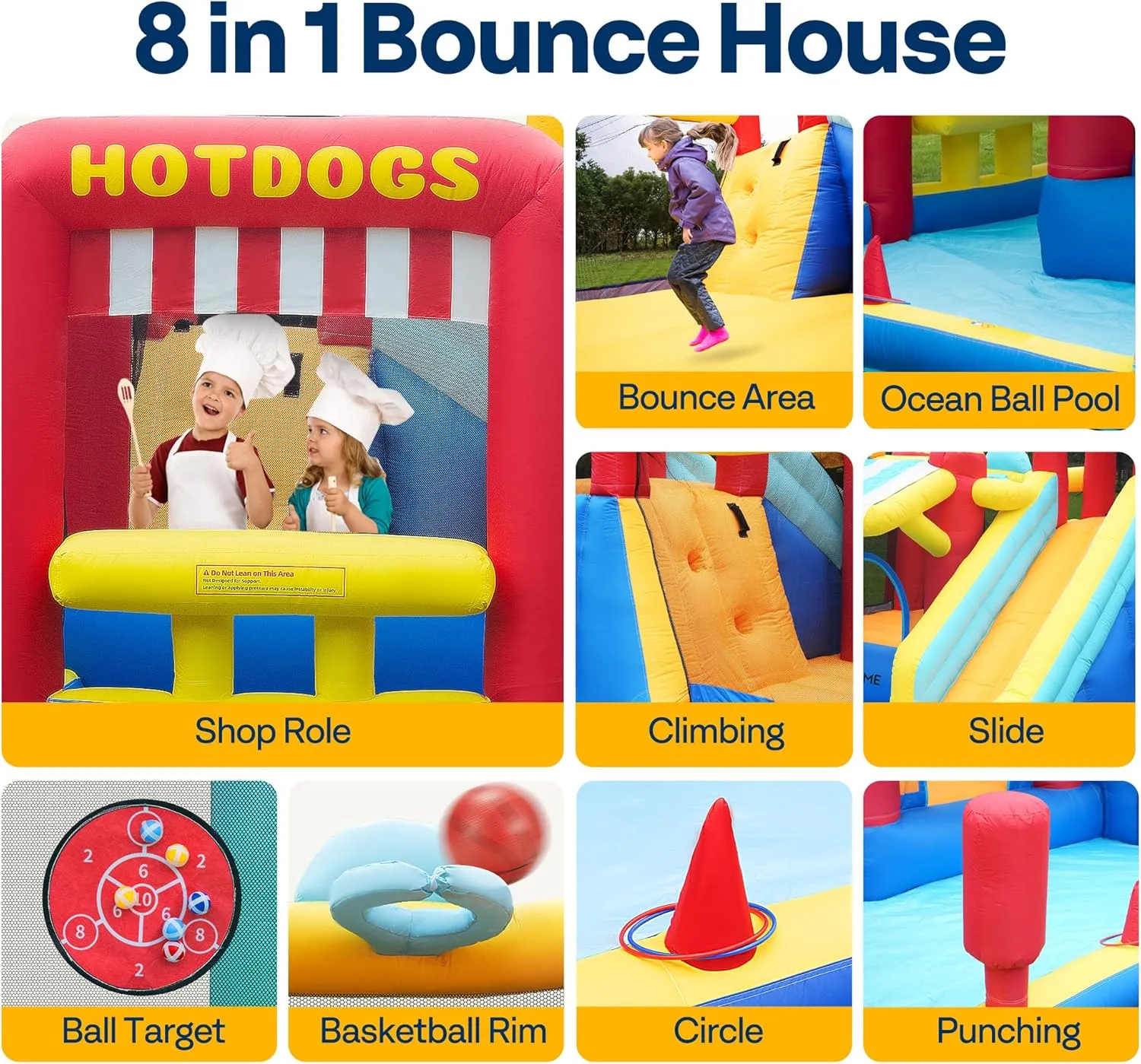Basketball$ Climb$ Jump Area$ Ball$ Water Pool$ Hoop VIVOHOME 9 in 1 Bounce House for Kids$ Market Theme Inflatable Bouncy Castle with Slide$ 13x11 FT woodcut Inflated Bouncer for Outdoor with Blower$ 