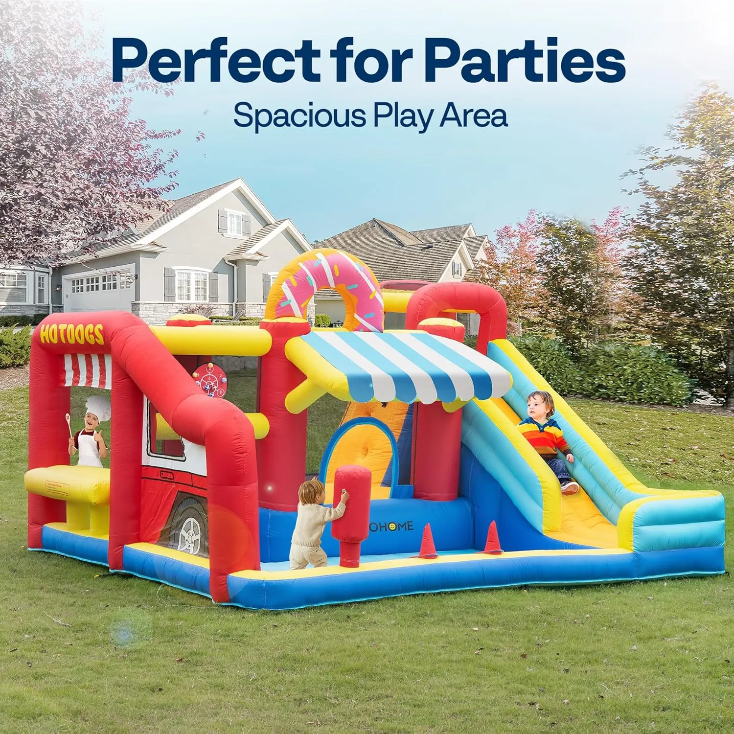 Basketball$ Climb$ Jump Area$ Ball$ Water Pool$ Hoop VIVOHOME 9 in 1 Bounce House for Kids$ Market Theme Inflatable Bouncy Castle with Slide$ 13x11 FT woodcut Inflated Bouncer for Outdoor with Blower$ 