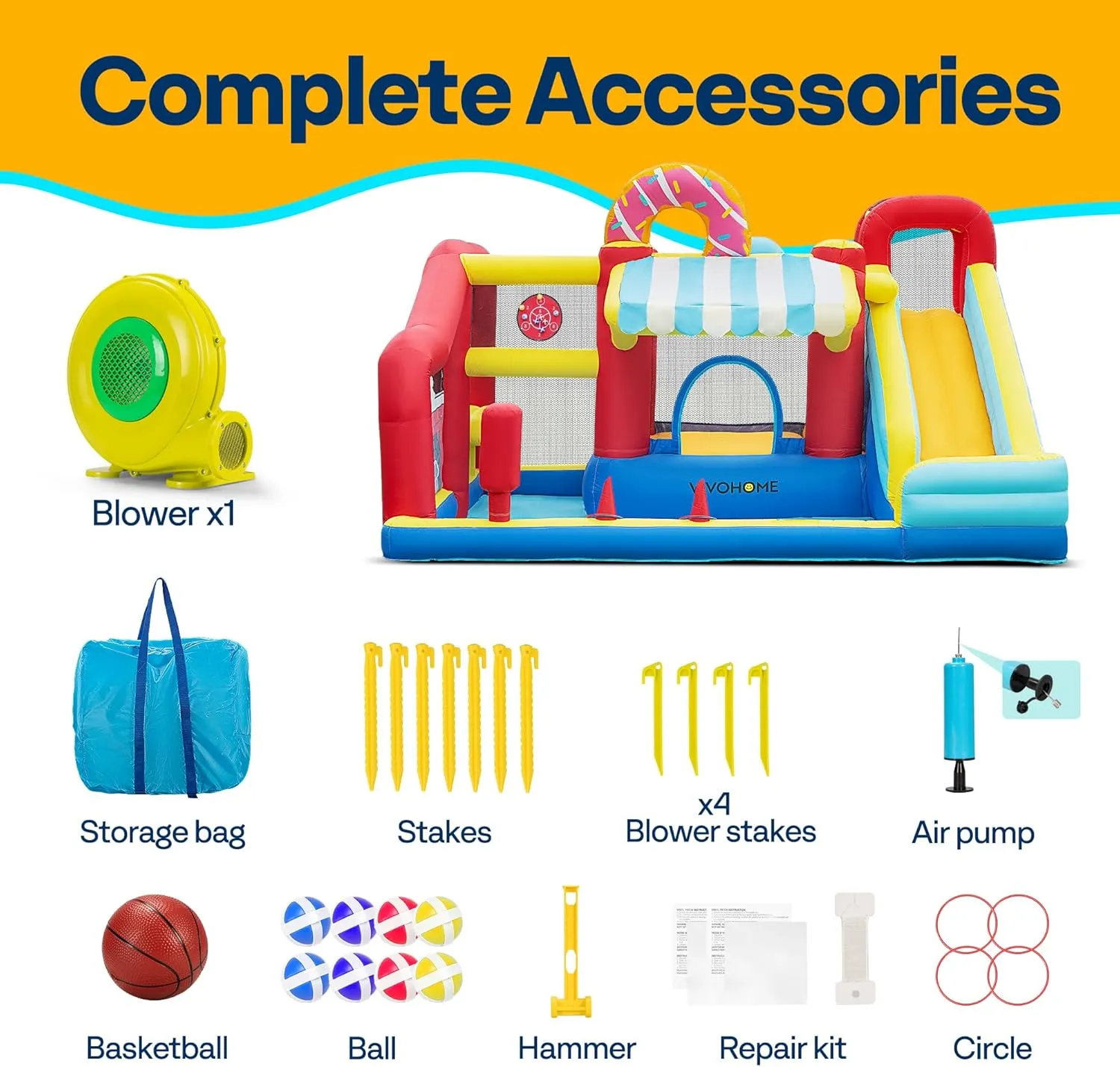 Basketball$ Climb$ Jump Area$ Ball$ Water Pool$ Hoop VIVOHOME 9 in 1 Bounce House for Kids$ Market Theme Inflatable Bouncy Castle with Slide$ 13x11 FT woodcut Inflated Bouncer for Outdoor with Blower$ 