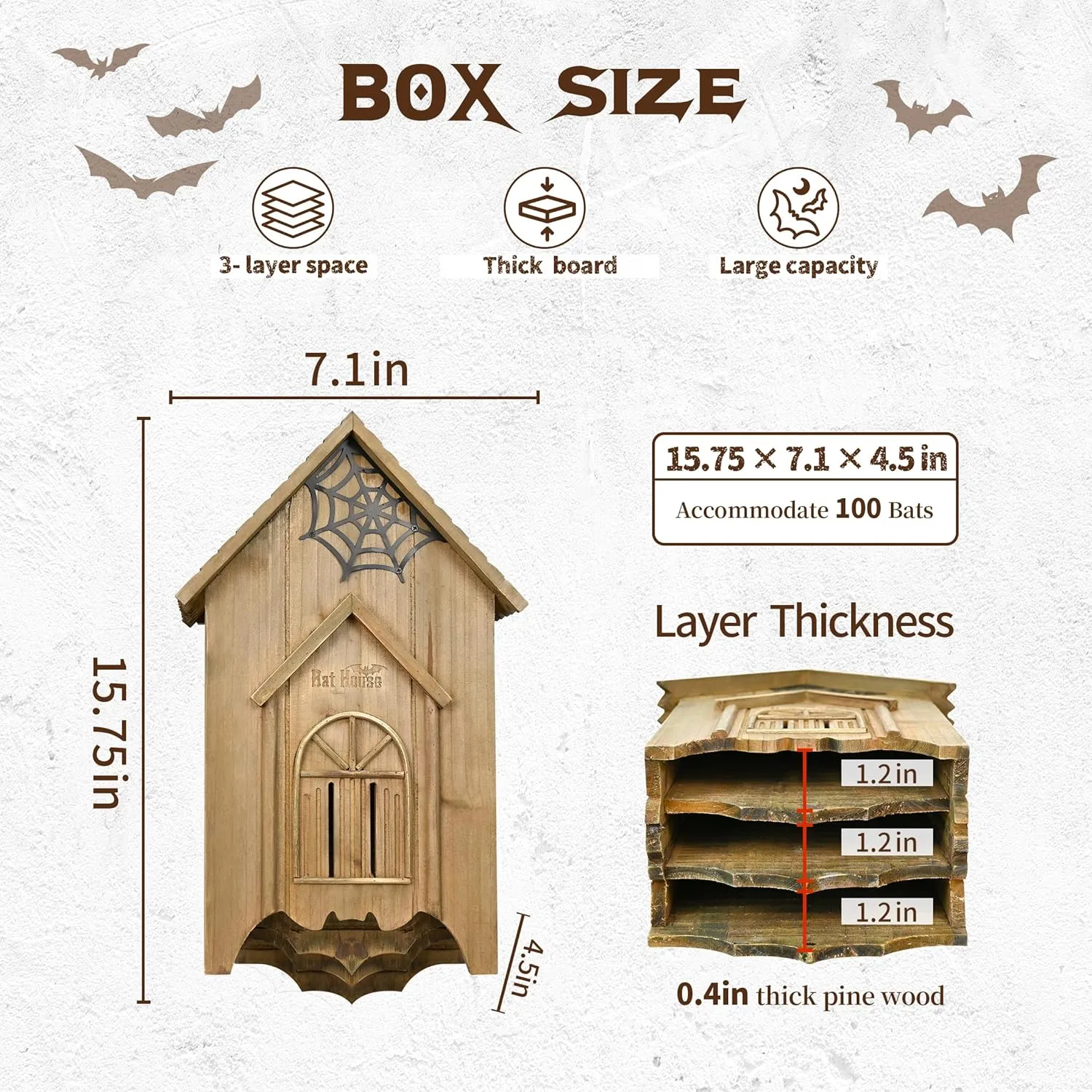 Bat House with Gatehouse/Tower/Curtain Wall Design, Large Ventilated 2/3 Chamber Bat Box, Ideal for Outdoor Bat Attraction, Easy to Hang (Brown, illusory advise Gatehouse - 3 Chamber) Wooden Castle 
