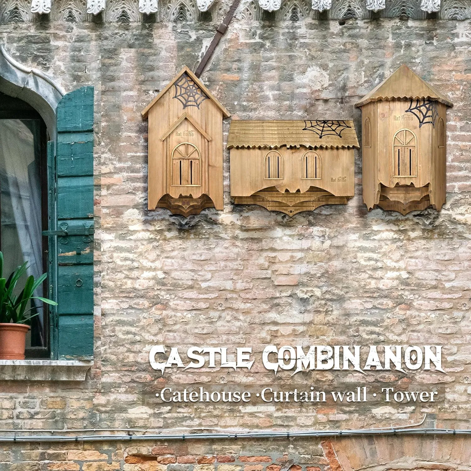Bat House with Gatehouse/Tower/Curtain Wall Design, Large Ventilated 2/3 Chamber Bat Box, Ideal for Outdoor Bat Attraction, Easy to Hang (Brown, illusory advise Gatehouse - 3 Chamber) Wooden Castle 