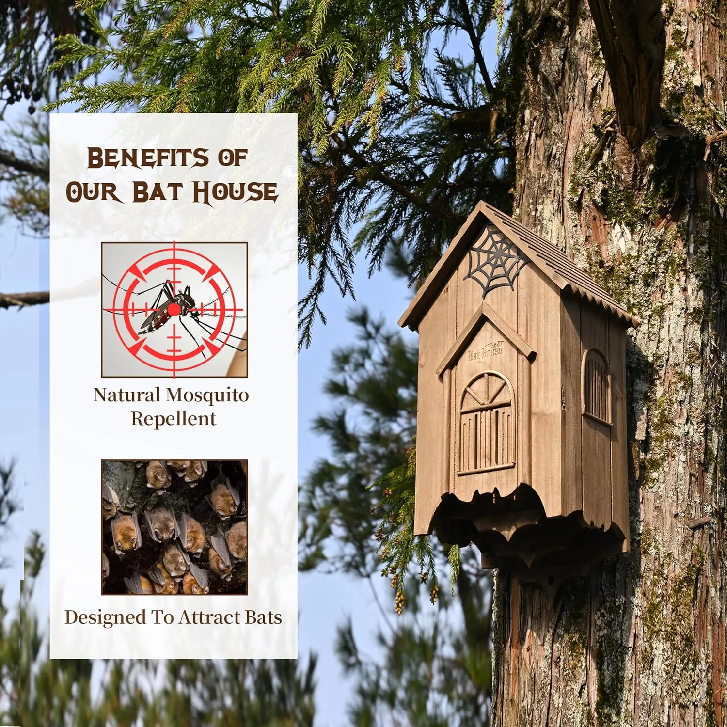 Bat House with Gatehouse/Tower/Curtain Wall Design, Large Ventilated 2/3 Chamber Bat Box, Ideal for Outdoor Bat Attraction, Easy to Hang (Brown, illusory advise Gatehouse - 3 Chamber) Wooden Castle 