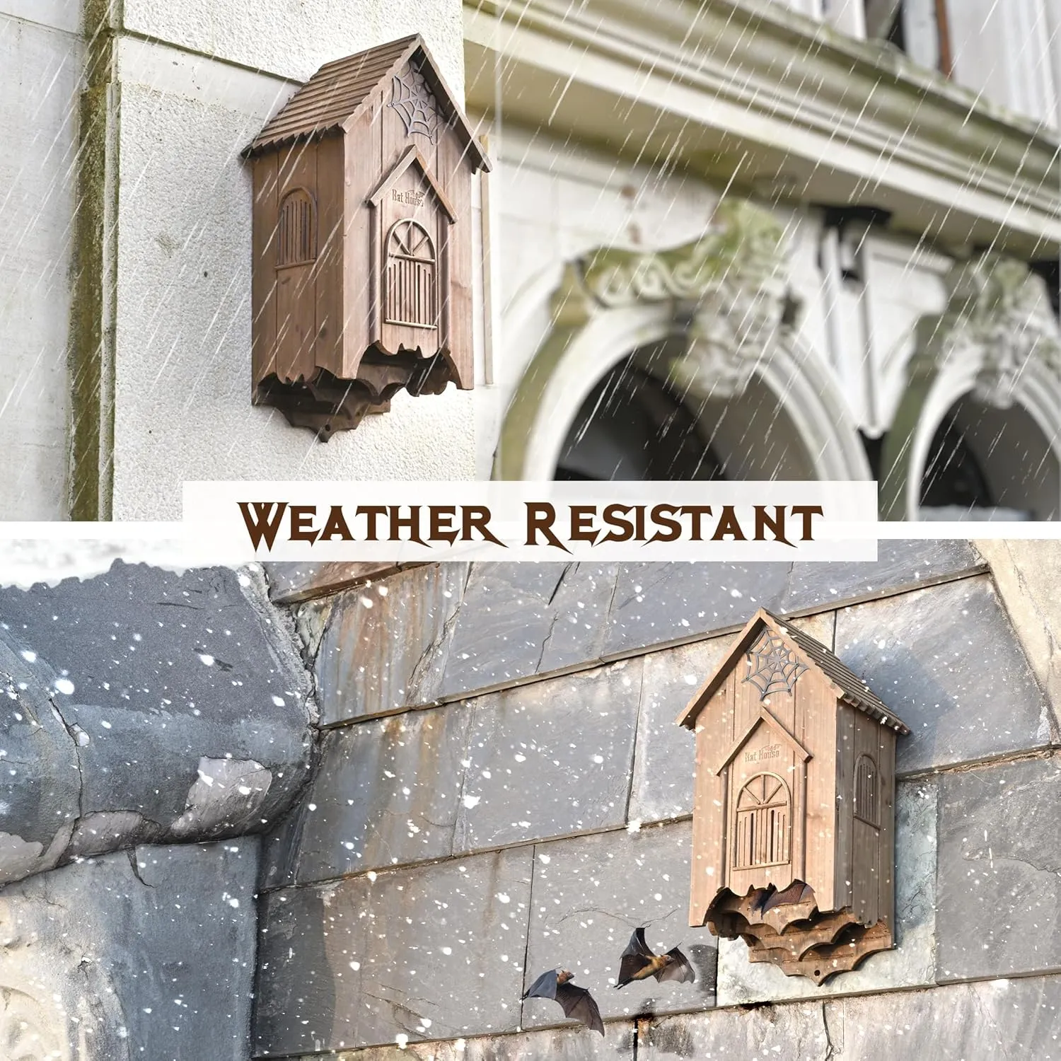 Bat House with Gatehouse/Tower/Curtain Wall Design, Large Ventilated 2/3 Chamber Bat Box, Ideal for Outdoor Bat Attraction, Easy to Hang (Brown, illusory advise Gatehouse - 3 Chamber) Wooden Castle 
