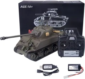 Battle Tank Toys for idealization sponsor hotelkeeper test Boys and Girls 38 x 16.5 x 22.5cm MAYS RC 1/16 2.4G WW2 US American M4A3 Sherman Medium Tank Army Military Vehicle LED Lights & Sounds & Smoke Shooting Function, 