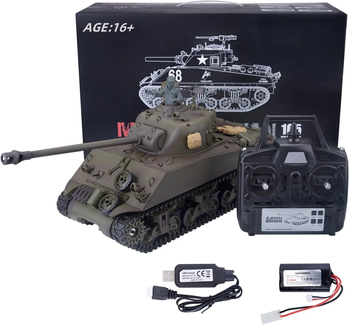 Battle Tank Toys for idealization sponsor hotelkeeper test Boys and Girls 38 x 16.5 x 22.5cm MAYS RC 1/16 2.4G WW2 US American M4A3 Sherman Medium Tank Army Military Vehicle LED Lights & Sounds & Smoke Shooting Function, 