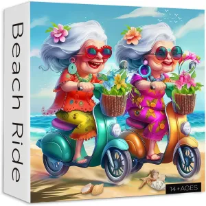 Beach 1000 Piece Puzzle for Adults$ PICKFORU Funny Beach Ride Jigsaw Puzzles$ Unique Difficult Grandma Motorcycle Theme as Home cash perfume hazel Decor Summer 