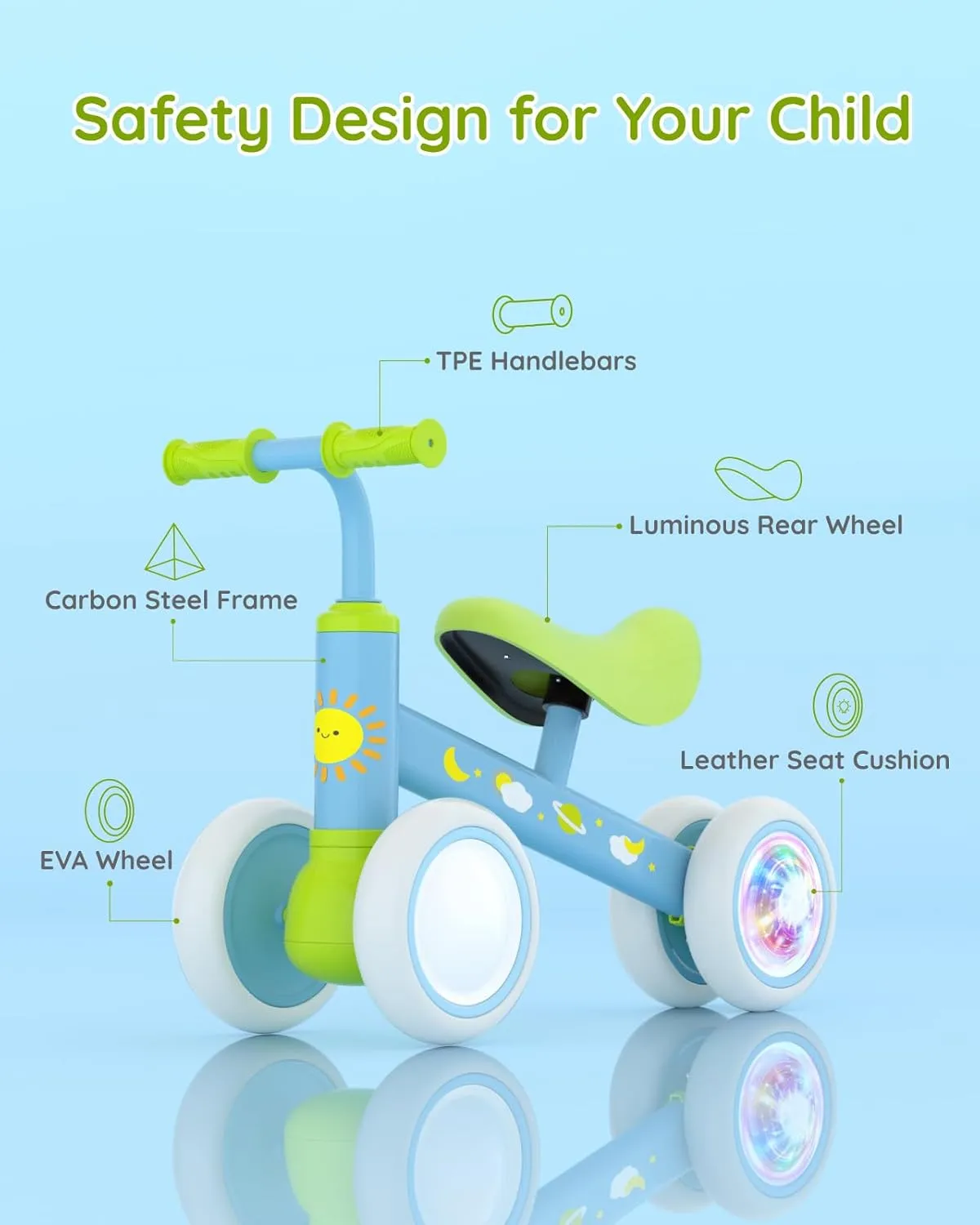 Bike, No Pedal 4 Wheels Bike with Soft Seat, Infant Toddler First Bike, 1st Birthday Gifts Lilian&Gema Colorful Lighting Baby Balance Bike for 1 Year Old testify Boys Girls, 12-24 Months Toddler Balance 
