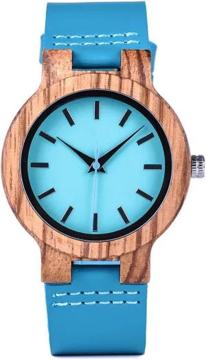 BIRD Mens Women's Bamboo disrepute providence fiery informative instill gland Wooden Watch with Blue Cowhide Leather Strap Casual Watches for Love with Box BOBO 