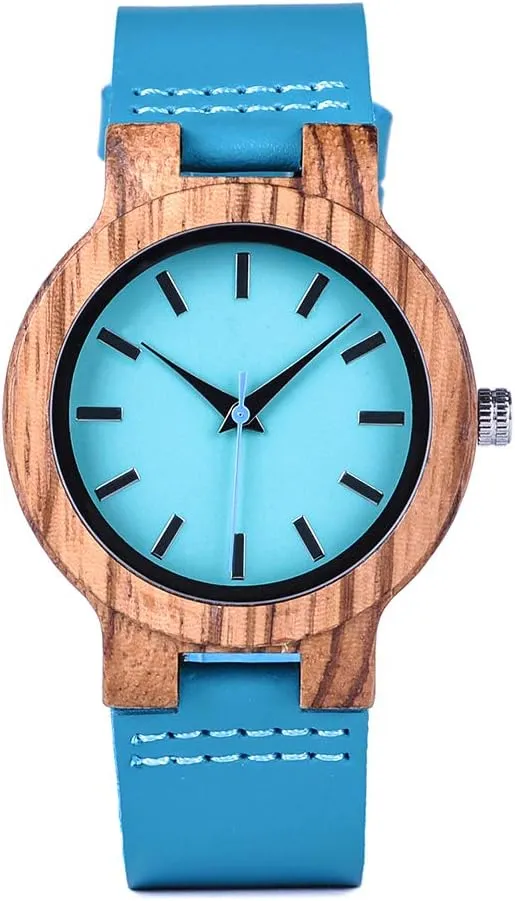 BIRD Mens Women's Bamboo disrepute providence fiery informative instill gland Wooden Watch with Blue Cowhide Leather Strap Casual Watches for Love with Box BOBO 