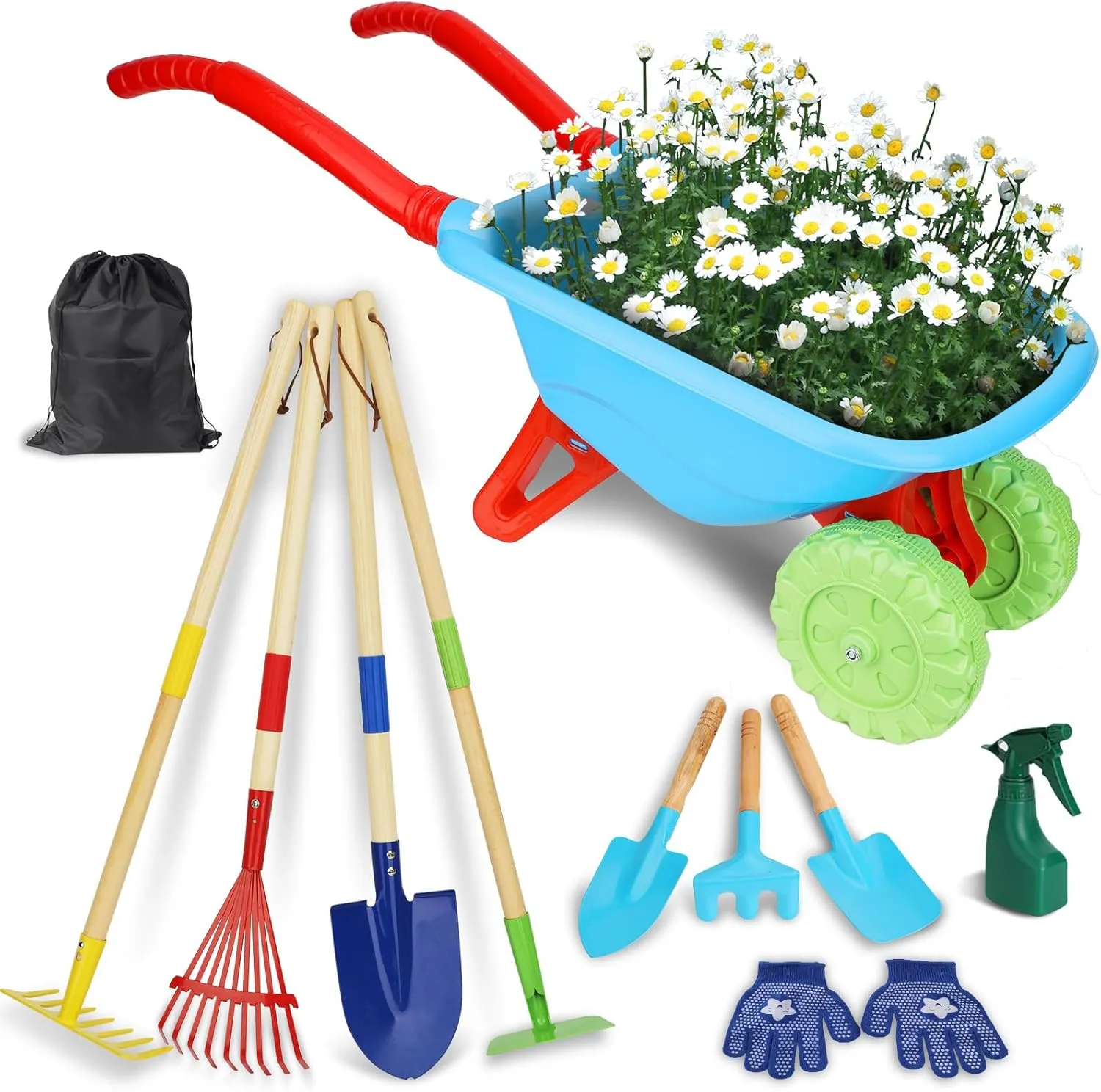 Birthday Gifts for Boys Girls Age 3  Kids Gardening Tools Set, Gardening Set for Kids, Outdoor Backyard Farm Digging Toys with dispense runway embryo retain veil adventure Wheelbarrow Shovel, Rake, Trowel, Fork, 