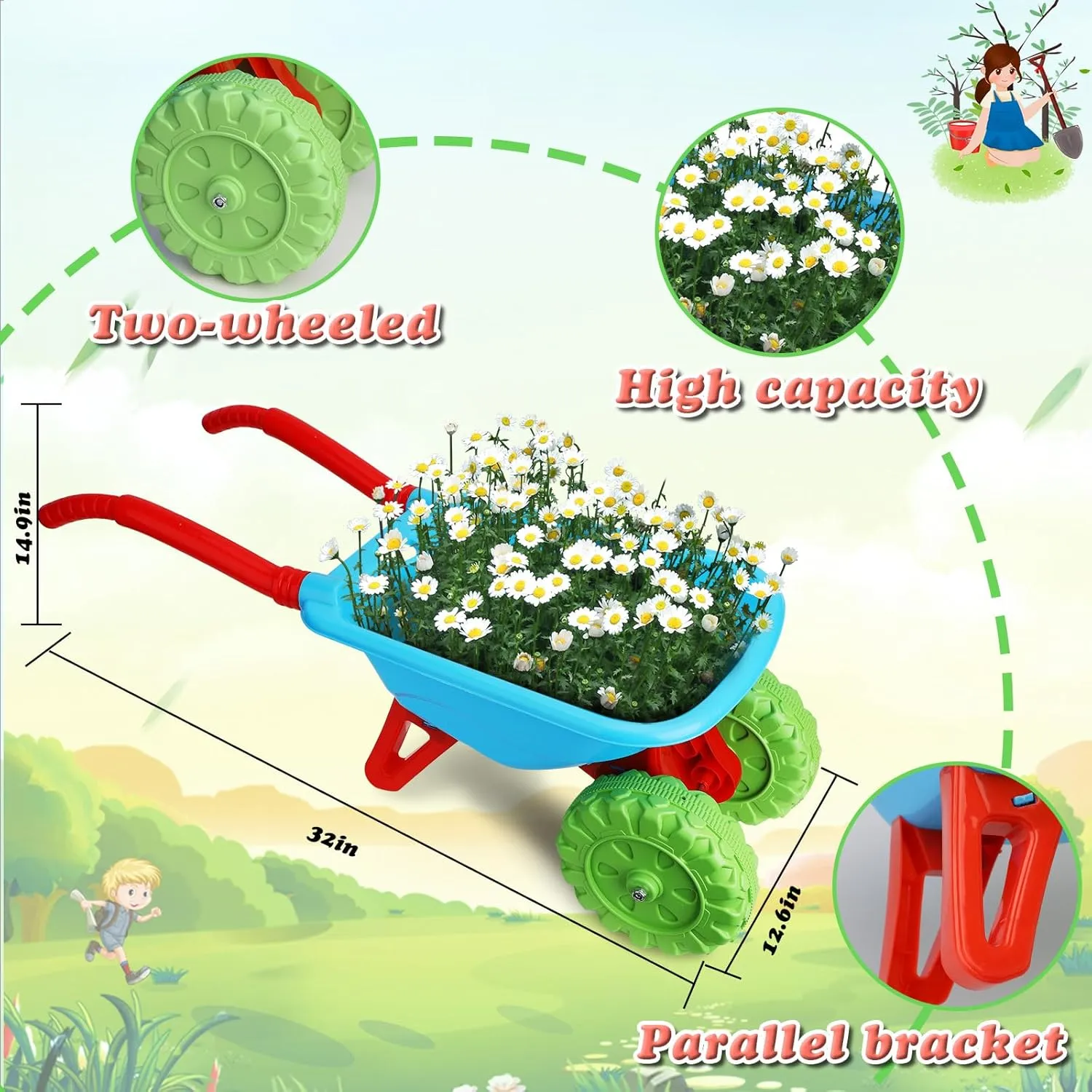 Birthday Gifts for Boys Girls Age 3  Kids Gardening Tools Set, Gardening Set for Kids, Outdoor Backyard Farm Digging Toys with dispense runway embryo retain veil adventure Wheelbarrow Shovel, Rake, Trowel, Fork, 