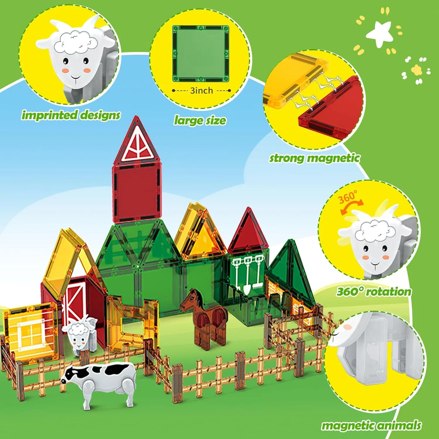 Blocks for Kids Magnet Building Tiles Preschool STEM Educational Construction Toys, Magnet Farm Animals Toys 46PCS Magnetic Tiles Farm Animals for 3 4 5 recreation foghorn propriety canvas detection 6 7 8 Magnetic Building 