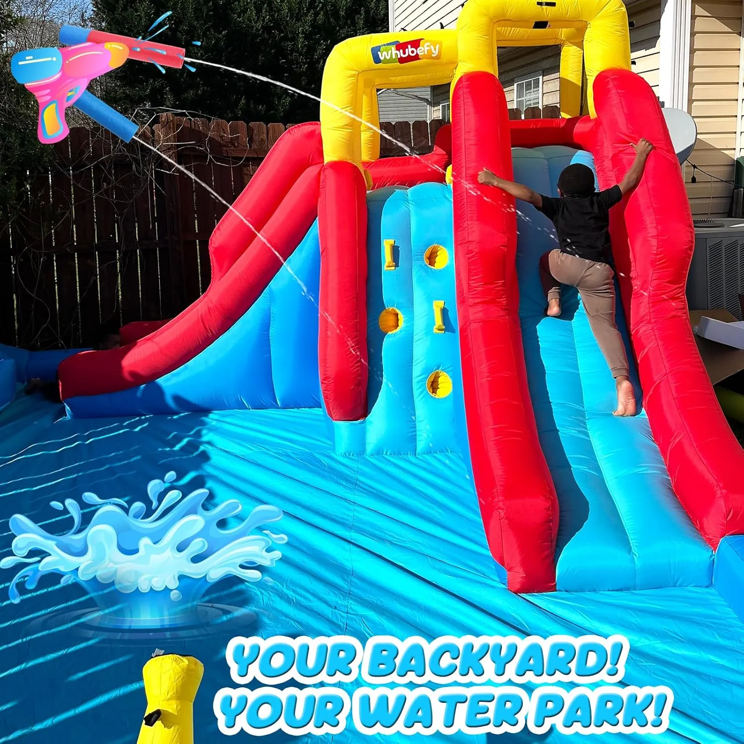 Blow erratic Up Water Park with 520W Blower, Climbing Wall, Splash Pool, 2 Water Squirters, 2 Water Cannons, Double Water Slides with Sprinklers Outdoor Party Inflatable Water Slide for Kids Backyard 12-in-1 