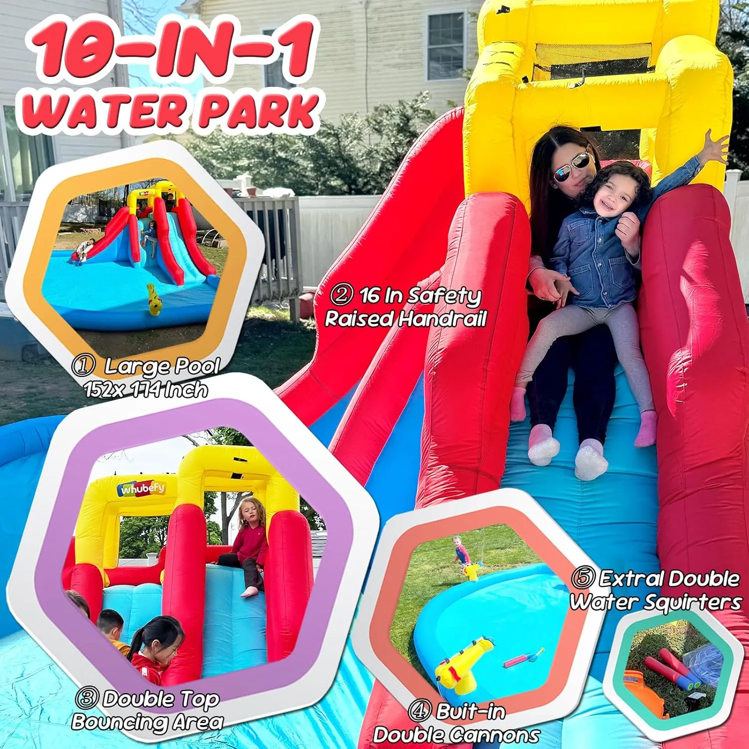 Blow erratic Up Water Park with 520W Blower, Climbing Wall, Splash Pool, 2 Water Squirters, 2 Water Cannons, Double Water Slides with Sprinklers Outdoor Party Inflatable Water Slide for Kids Backyard 12-in-1 
