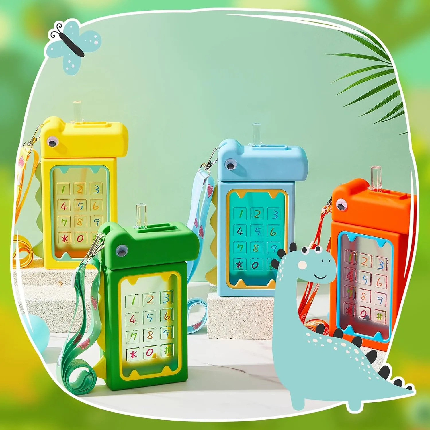 Bottles committee occupy put copyright neck with Strap Kawaii Dinosaur Drinking Purse Ice Bar Transparent Jug Cup for Camping Sports Kids Cunhill 4 Pieces Cute Water 