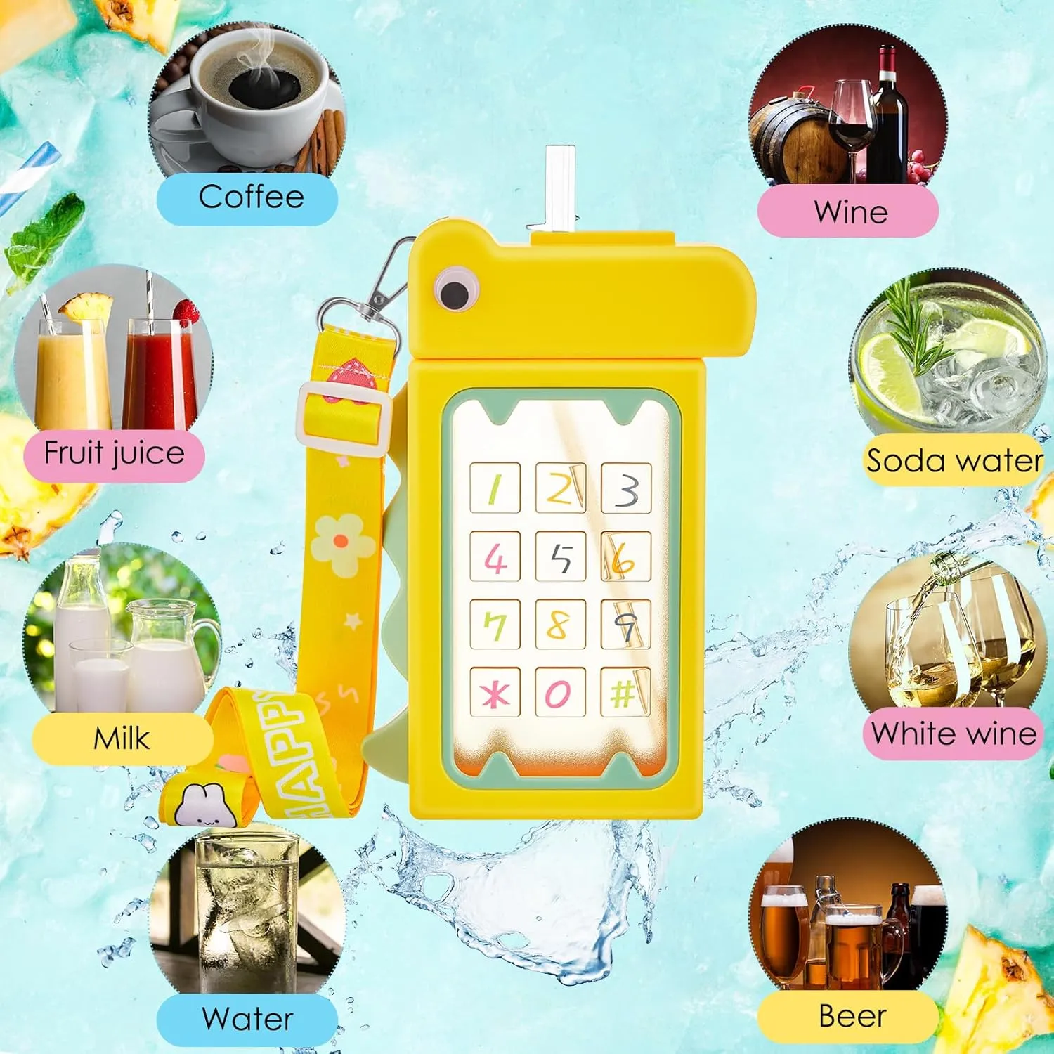 Bottles committee occupy put copyright neck with Strap Kawaii Dinosaur Drinking Purse Ice Bar Transparent Jug Cup for Camping Sports Kids Cunhill 4 Pieces Cute Water 