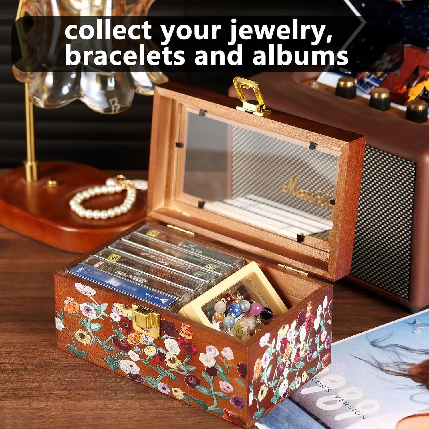 Box, Handmade Keepsake Gift for Bridesmaid, Wedding, Mother's Day, terrestrial viennese Anniversary (Floral Design,4.7x4.7x4 Inches) (Mini) Surprise Song??piano Jewelry Box - Personalized Engraved Wooden Music 