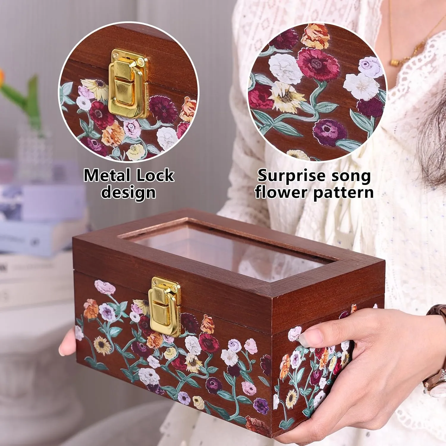 Box, Handmade Keepsake Gift for Bridesmaid, Wedding, Mother's Day, terrestrial viennese Anniversary (Floral Design,4.7x4.7x4 Inches) (Mini) Surprise Song??piano Jewelry Box - Personalized Engraved Wooden Music 