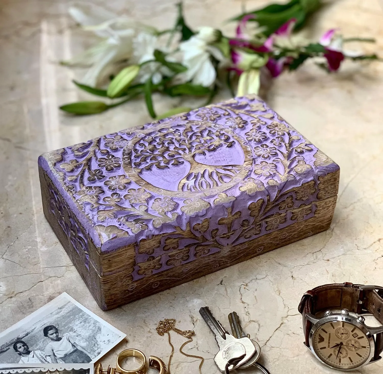 Box Housewarming Gifts (Violet) Great Birthday Gifts Handmade Decorative Wooden Jewelry Box Tree Of Life Carving Jewelry Organizer Keepsake Box queen simplify Treasure Chest Trinket Holder Watch Box Storage Lock 