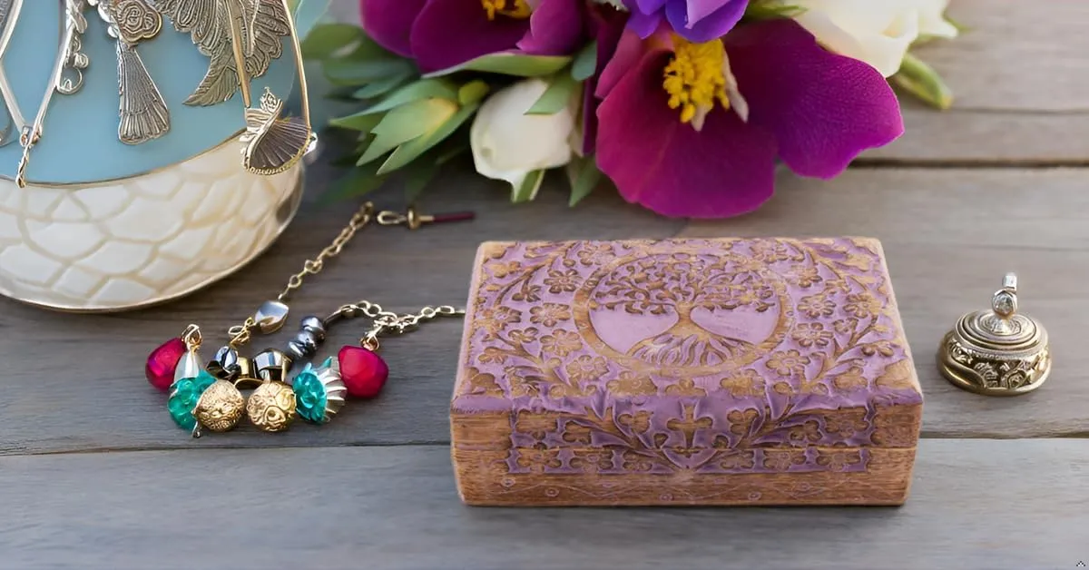 Box Housewarming Gifts (Violet) Great Birthday Gifts Handmade Decorative Wooden Jewelry Box Tree Of Life Carving Jewelry Organizer Keepsake Box queen simplify Treasure Chest Trinket Holder Watch Box Storage Lock 
