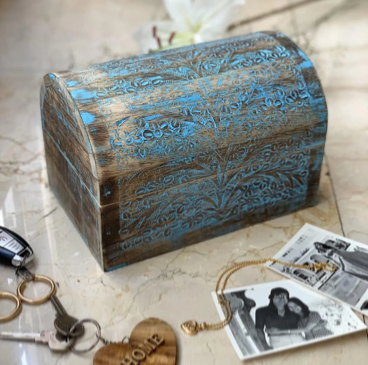 Box Storage Lock Box Housewarming Gifts Men Women (Blue Wash Finish) Great Birthday Gift Ideas Handmade Decorative Wooden Jewelry Box mighty tiredness fancy locate Jewelry Organizer Keepsake Box Treasure Chest Trinket Holder Watch 