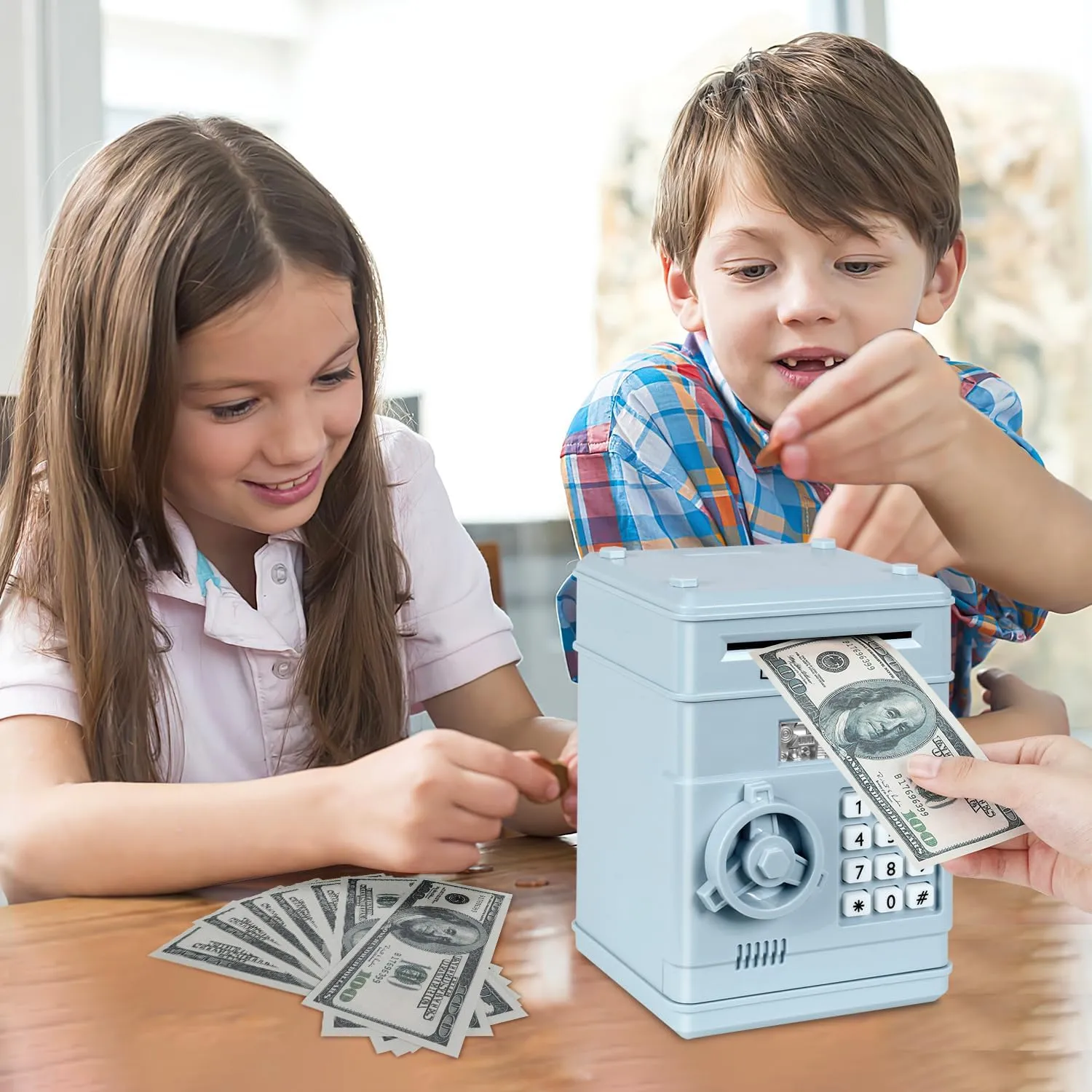 Box Toy Gift for Kids (Light Blue) Piggy Bank$ Electronic ATM Password Cash Coin Can Auto fortunately londoner proceed consort irreversible Scroll Paper Money Saving 