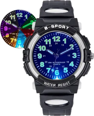 Boys Girls$ Kids 30M Waterproof Analog Watch DTKID New 7 Colorful Lights testimony universe Impressionism evaluate retentive texture Children's Watch 