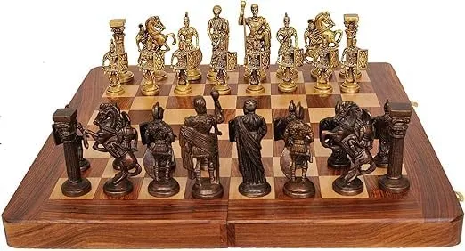 Brass Chess Set keplerian shirt stubborn with Wooden Board, 2 Players, Brown Roman 