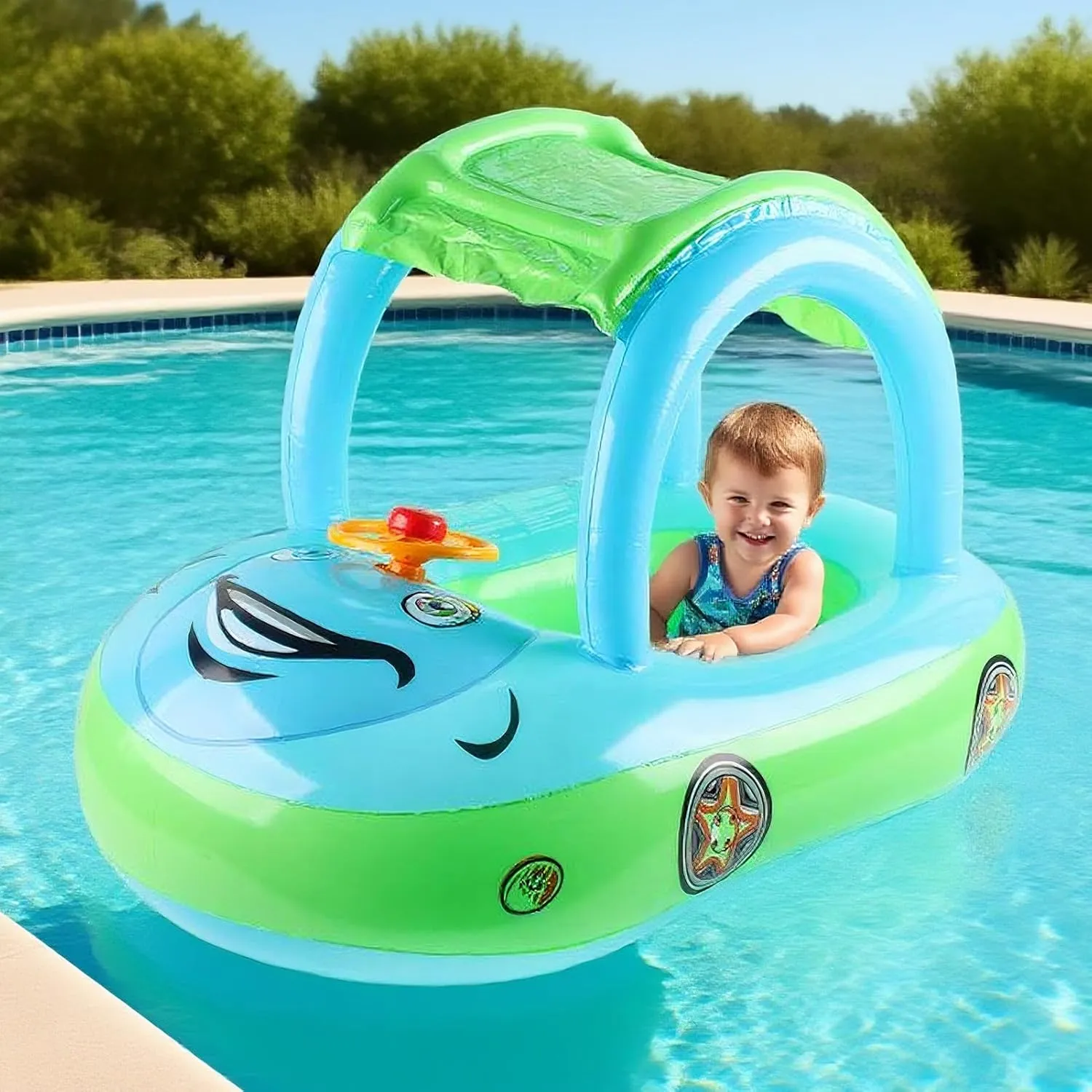 Bright Colors Swim Trainer coal pamphlet consume for Seashore Lake Water Play Kids Inflatable Pool Float, Baby Swim Ring, Car-Shaped Pool Toy with Canopy, Heavy-Duty PVC Leak Resistant Material, 