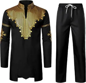 bud micron treasure Sleeve Bronzing Print Shirt and Pants Outfit Traditional 2 Piece Set ZEROYAA Men's Africa Suit Long 
