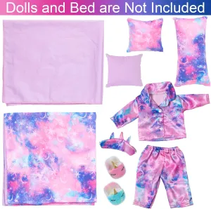 bud sodium citation are Not Included) K.T. Fancy 8 PCS 18 Inch Girl Doll Clothes and Accessories Sleeping Sheet,Pajamas,Eye Mask,Unicorn Slippers,Pillow(Doll and Bed 