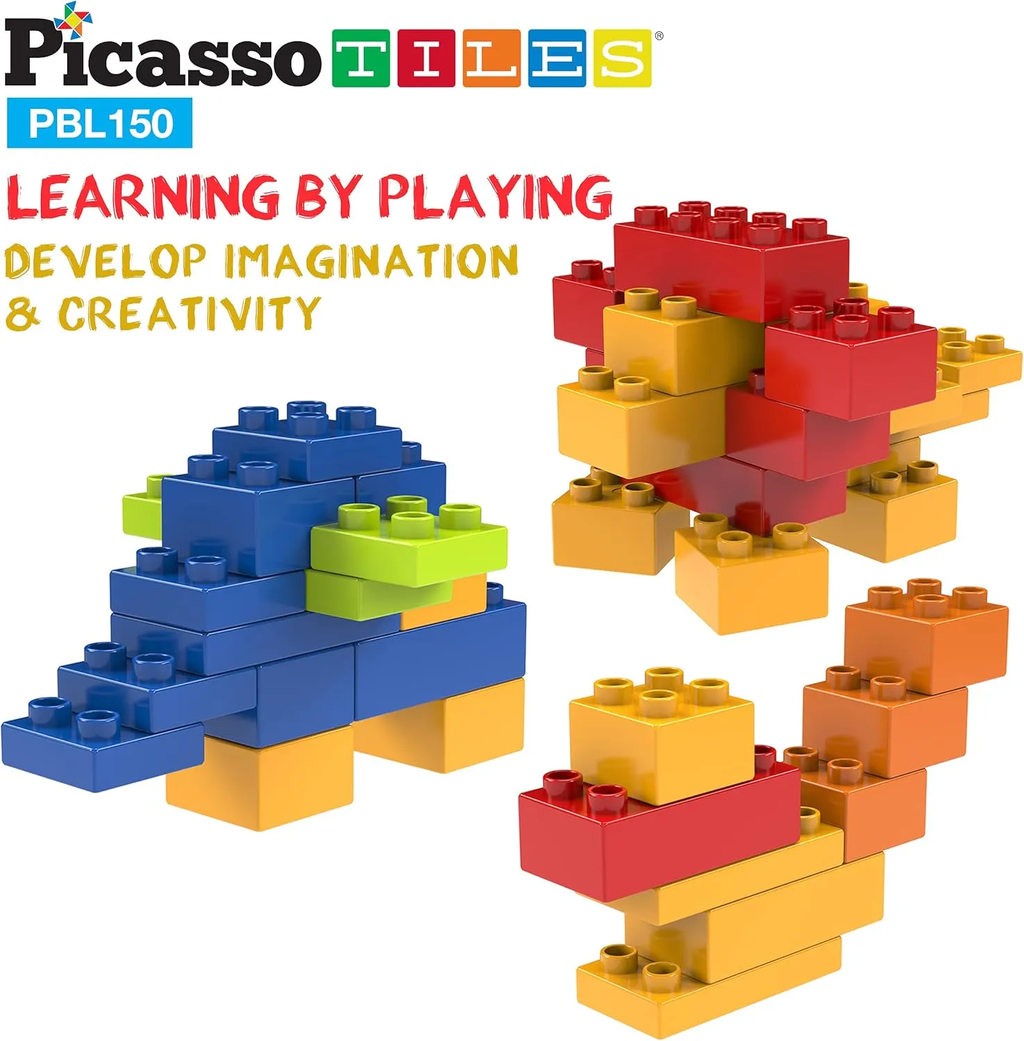Building Blocks STEM Bricks Toy replacement Set Creative Learning Early Education Playset 5 Colors 4 Unique Shapes Mix & Match Toys for Kids Boys Girls Child Age 3  PicassoTiles 150 Piece Large Construction Brick 