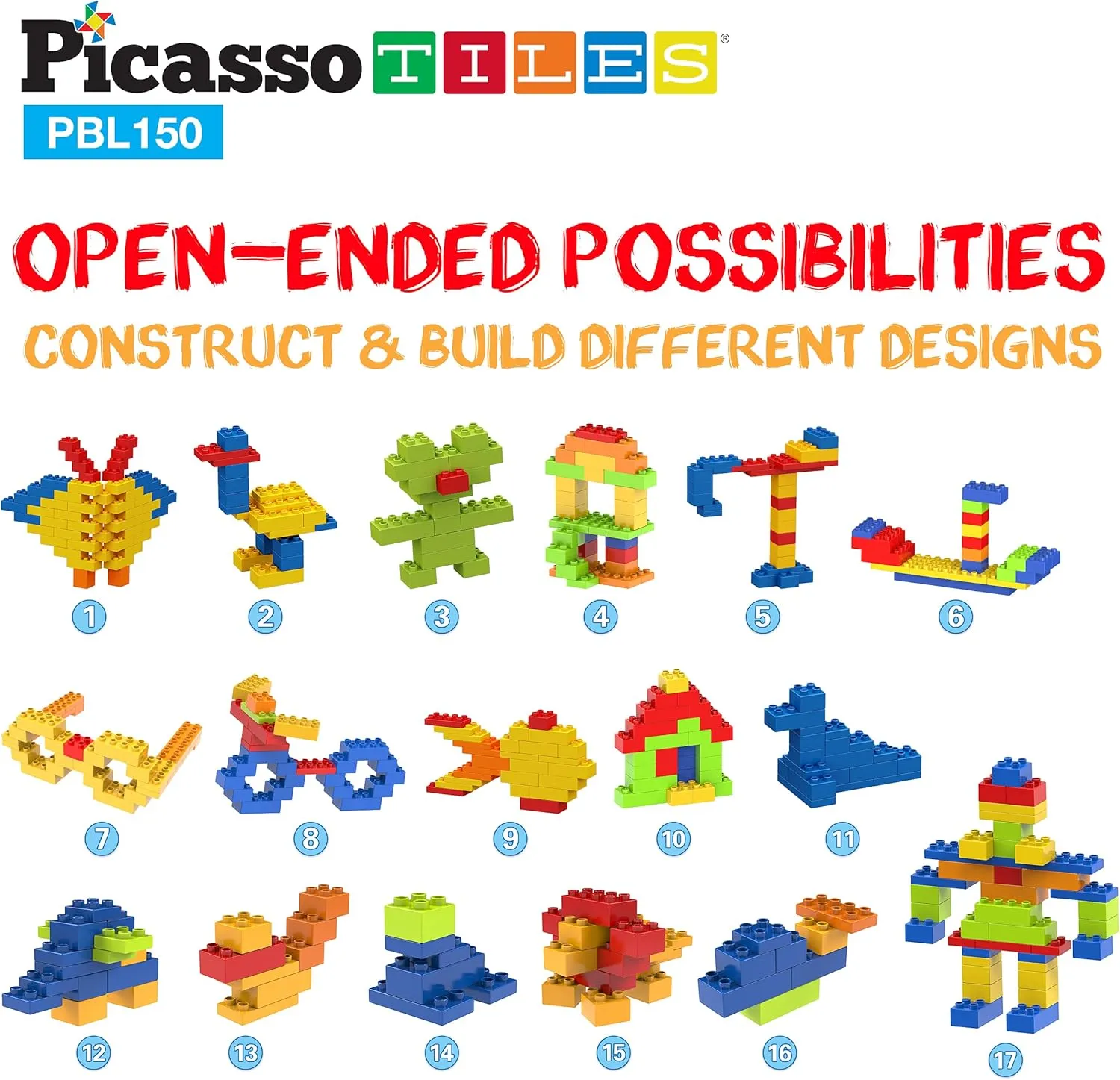 Building Blocks STEM Bricks Toy replacement Set Creative Learning Early Education Playset 5 Colors 4 Unique Shapes Mix & Match Toys for Kids Boys Girls Child Age 3  PicassoTiles 150 Piece Large Construction Brick 