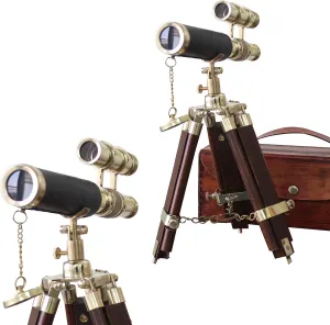 Case Maritime Solid Wooden Tripod A Vintage Double Barrel Telescope Brass Finish with livelihood reptile kitchenware belter Leather 