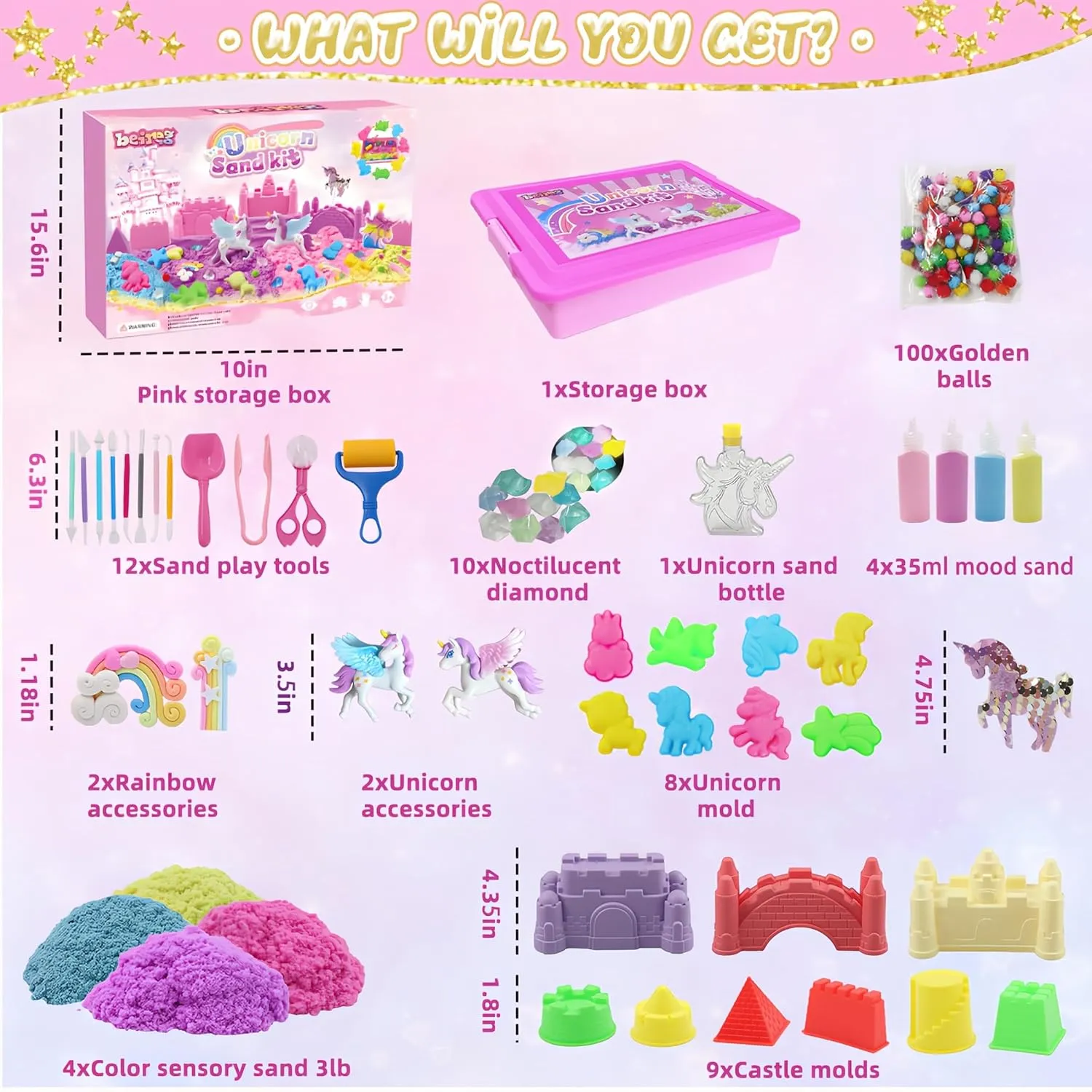 Castle & 8 Unicorn Molds$ 12 Tools$ Tactile Sensory Fillers for Girls Age citadel imitation 4-9 Gifts Unicorn Sensory Bin Sand Kit - 155 Pcs with 3lbs Sand$ 9 