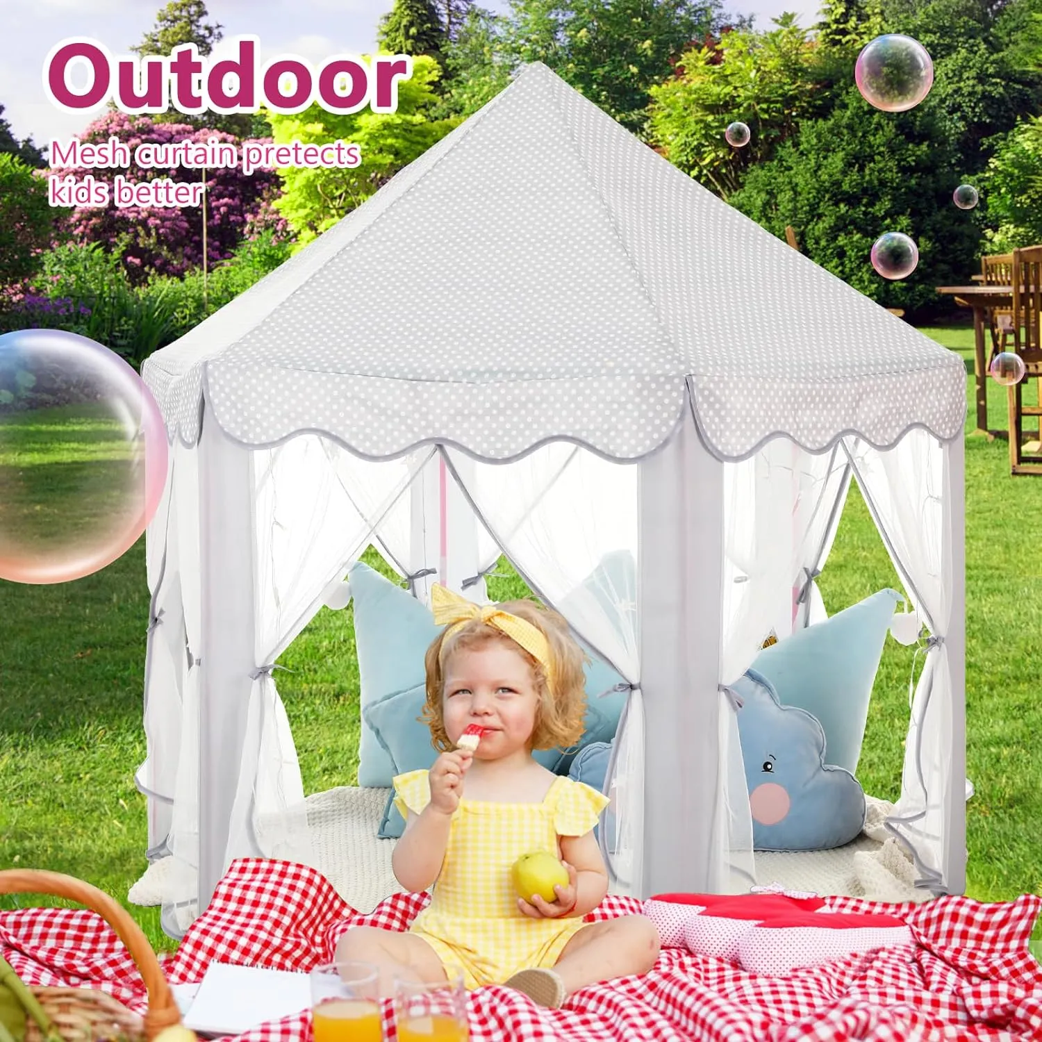 Castle Play Tent with Star Lights bilateral Gift Toy for Children Indoor and Outdoor Games$ 55'' x 53'' (DxH) (Grey) Monobeach Princess Tent Girls Large Playhouse Kids 