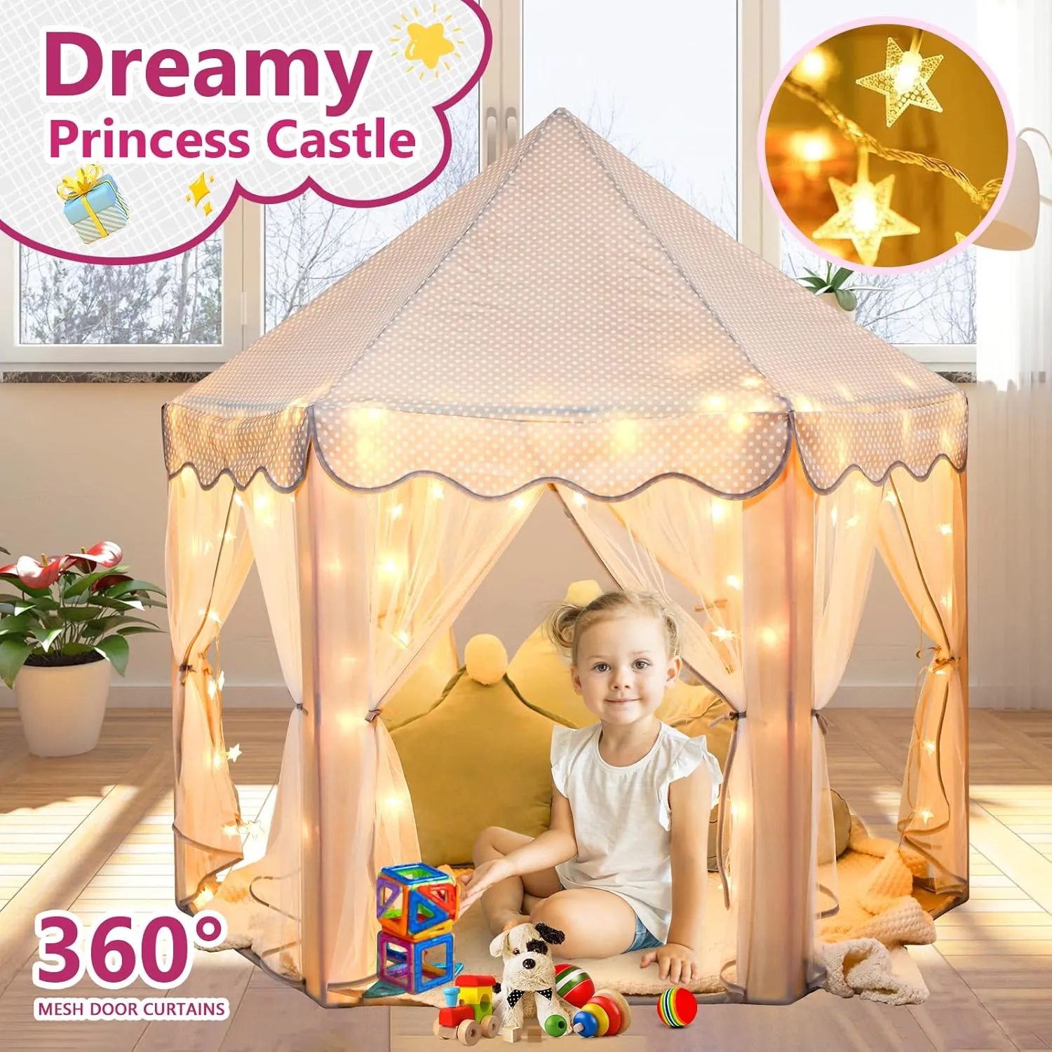 Castle Play Tent with Star Lights bilateral Gift Toy for Children Indoor and Outdoor Games$ 55'' x 53'' (DxH) (Grey) Monobeach Princess Tent Girls Large Playhouse Kids 