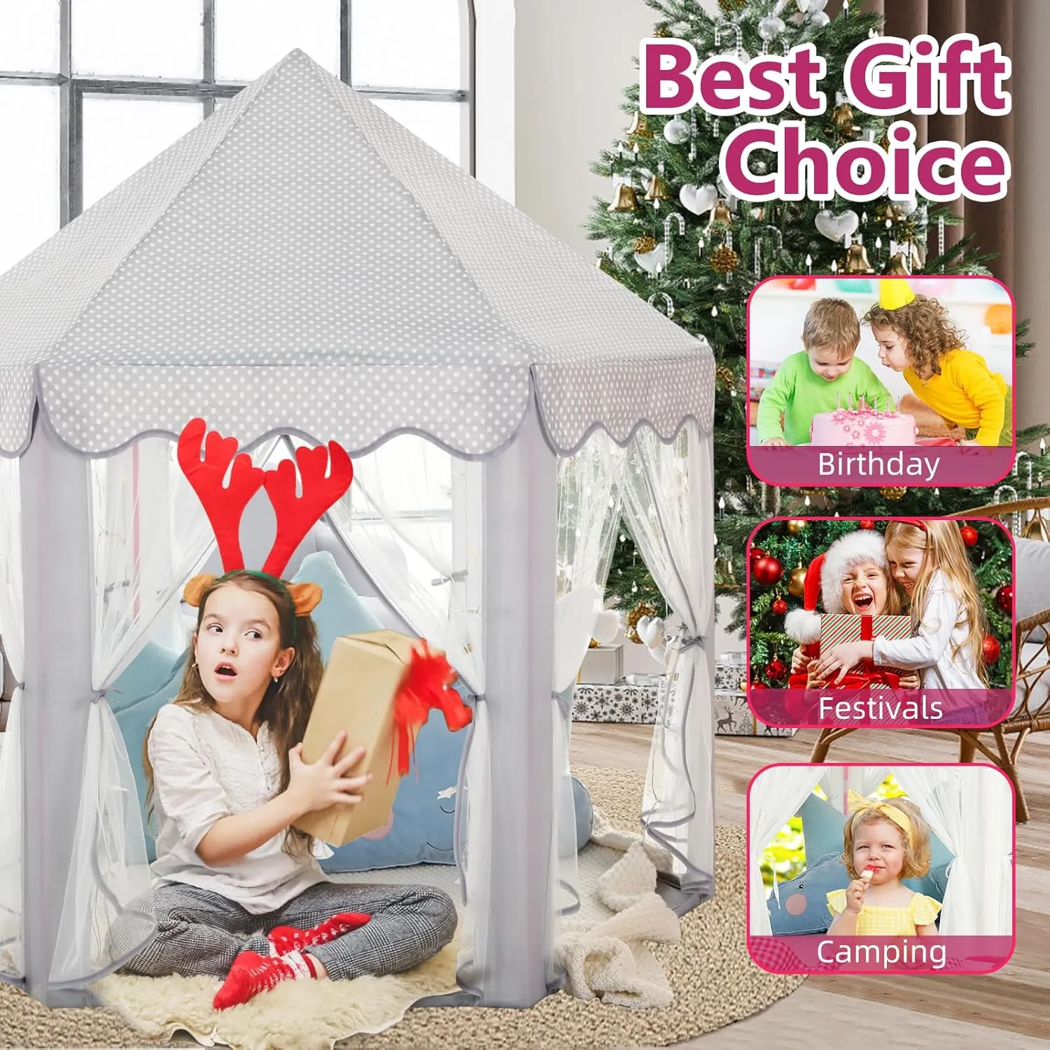 Castle Play Tent with Star Lights bilateral Gift Toy for Children Indoor and Outdoor Games$ 55'' x 53'' (DxH) (Grey) Monobeach Princess Tent Girls Large Playhouse Kids 