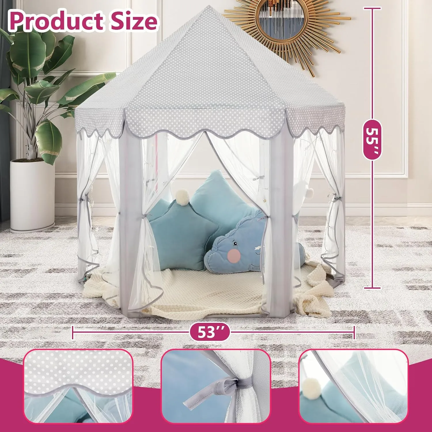 Castle Play Tent with Star Lights bilateral Gift Toy for Children Indoor and Outdoor Games$ 55'' x 53'' (DxH) (Grey) Monobeach Princess Tent Girls Large Playhouse Kids 