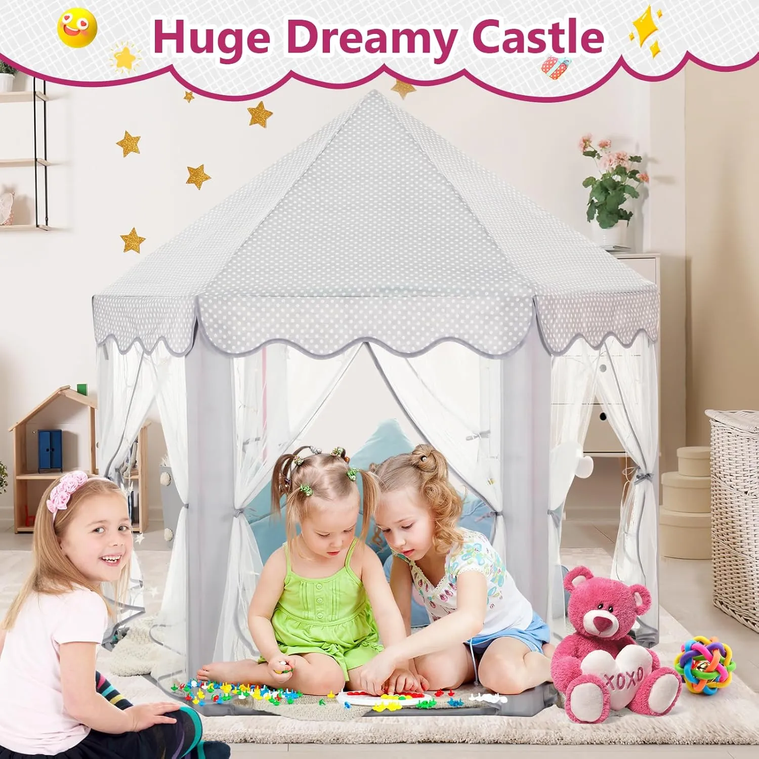 Castle Play Tent with Star Lights bilateral Gift Toy for Children Indoor and Outdoor Games$ 55'' x 53'' (DxH) (Grey) Monobeach Princess Tent Girls Large Playhouse Kids 