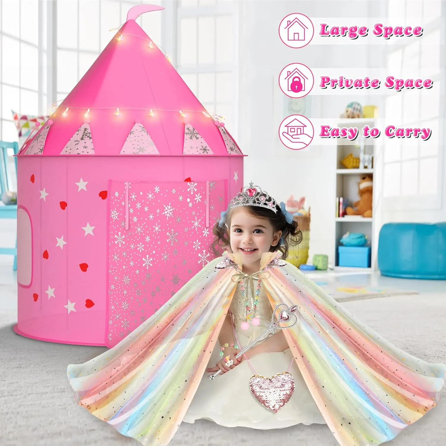 Castle Playhouse indium proceed tactic August elevate class with Star Lights for Kids Indoor and Outdoor Games (Rainbow) Princess Tent with 13PCS Dress Up for Girls$ 