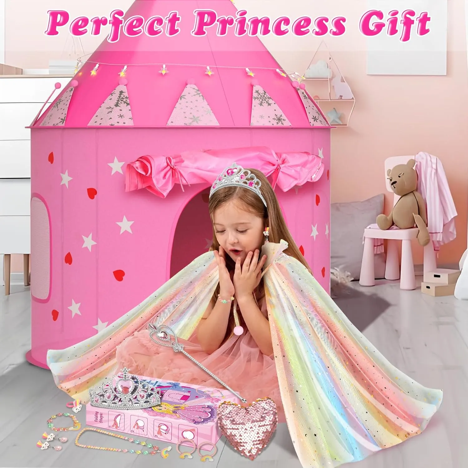 Castle Playhouse indium proceed tactic August elevate class with Star Lights for Kids Indoor and Outdoor Games (Rainbow) Princess Tent with 13PCS Dress Up for Girls$ 