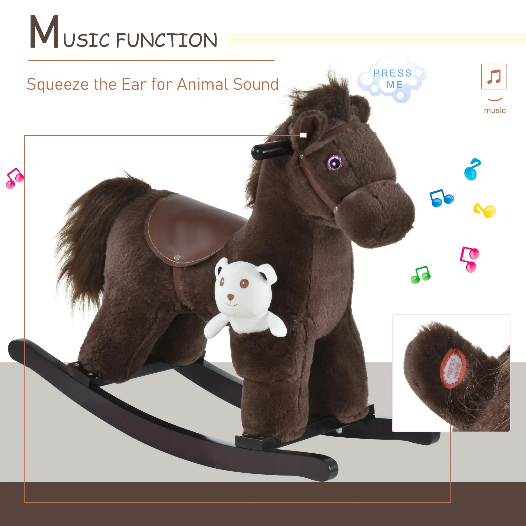 Children's Plush Rocking Horse - Cozy Bear Ride-On Toy with Realistic Sounds, Soft Seat for Kids, Brown