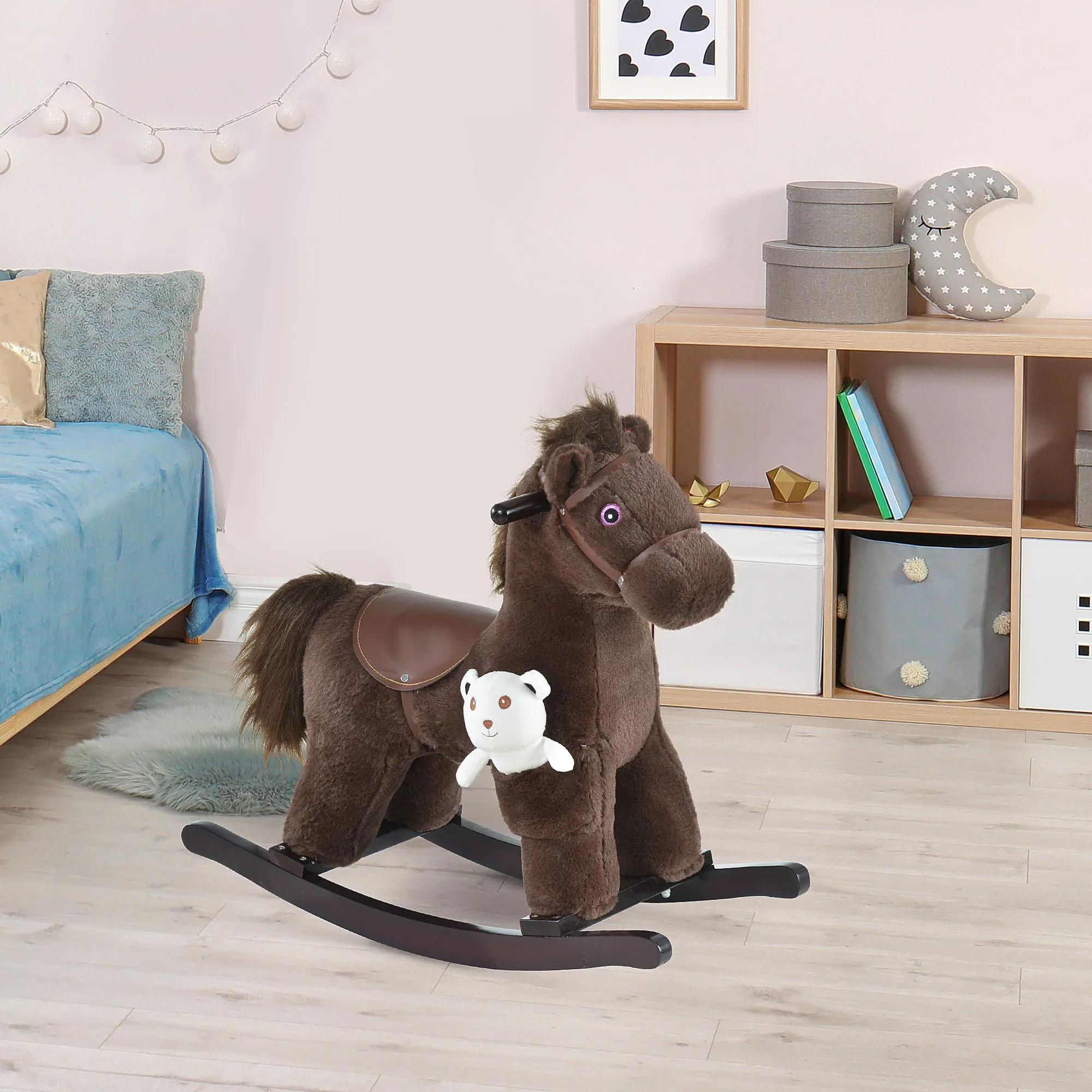 Children's Plush Rocking Horse - Cozy Bear Ride-On Toy with Realistic Sounds, Soft Seat for Kids, Brown